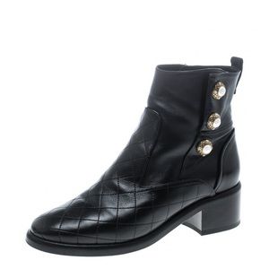 Chanel black quilted leather pearl embellished ankle boots